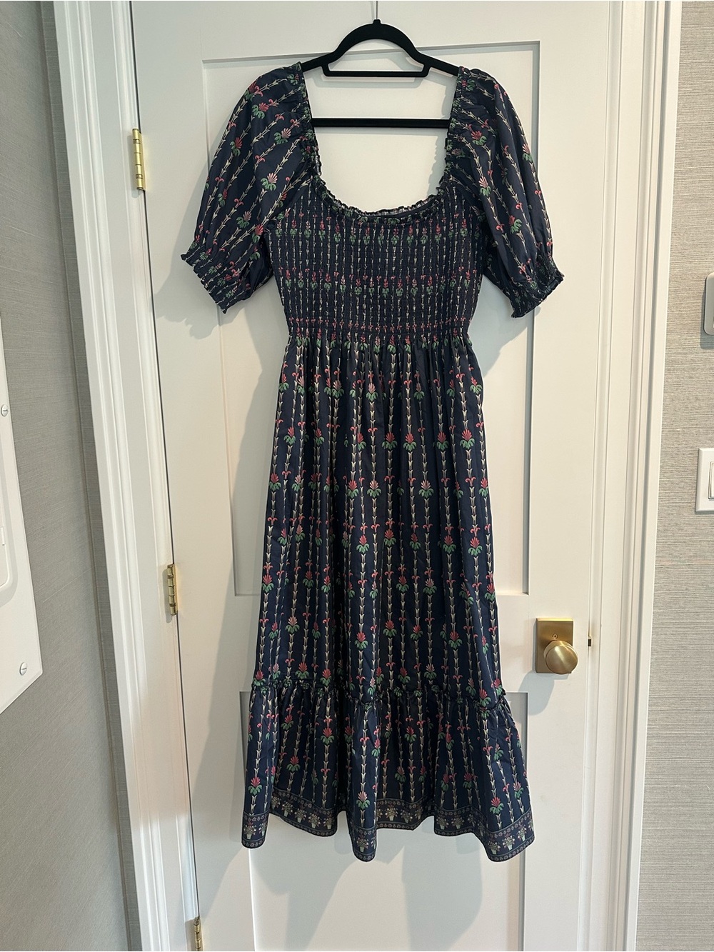 Floral Smocked Navy Maxi Dress with Pink Accents